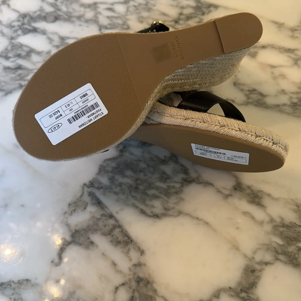 NIB Stuart Weitzman Teddi espadrille wedge sandals heels black leather 11.5
